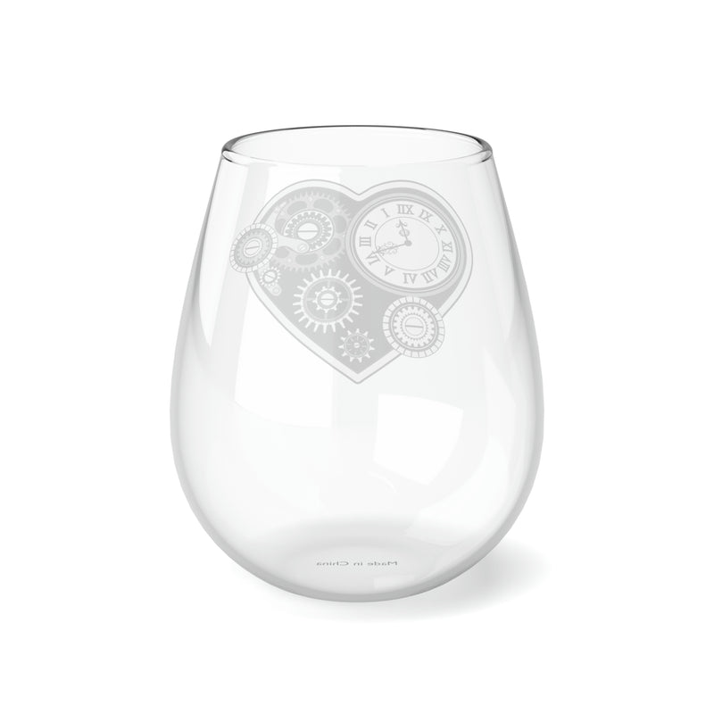 Steampunk Stemless Wine Glass Steampunk Heart & Gear Print on