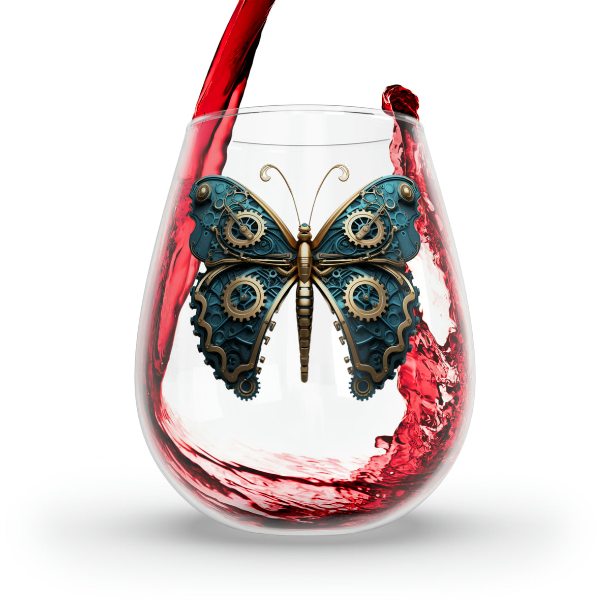 Steampunk Stemless Wine Glass Steampunk Butterfly Print on