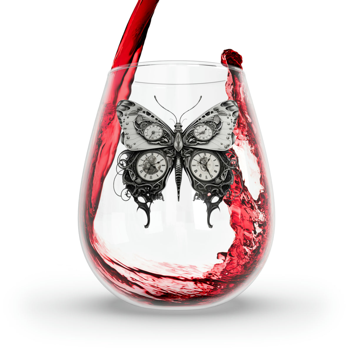 Steampunk Stemless Wine Glass Steampunk Butterfly Print on