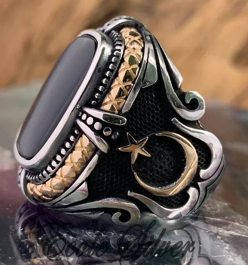 Steampunk victorian Ring Vintage Silver Color Big Black Zircon Stone Open Ring 