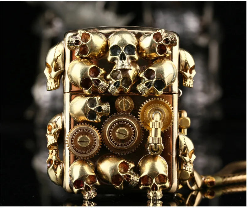 Steampunk ghost brass mechanical gear handmade double-sided  skull oil lighter