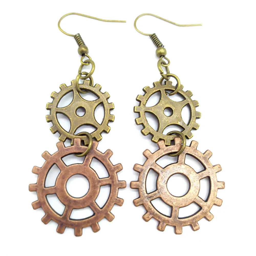 Steampunk Drop Earrings Two Gears gold bronze 