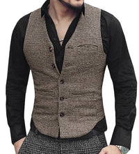 Steampunk Men's Suit Vest tweed Brown Waistcoat Casual Slim Fit Black Satin Back Formal