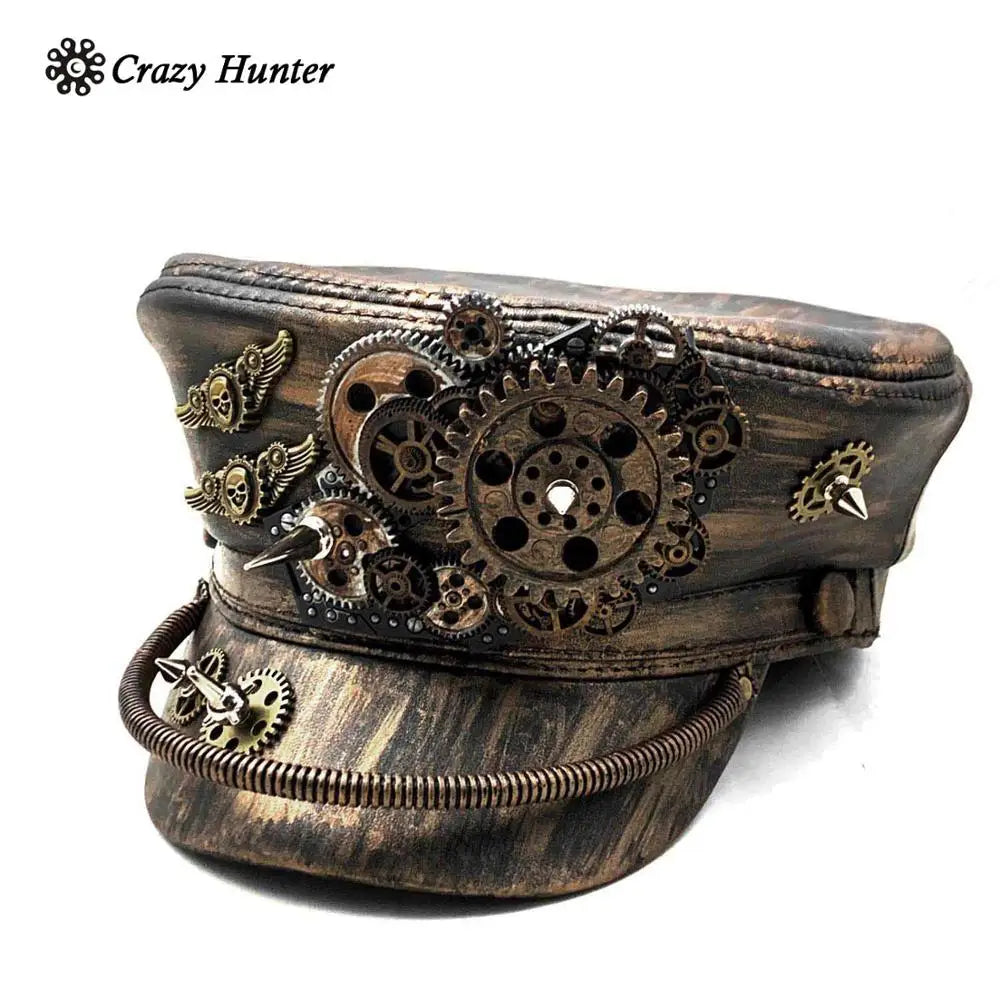Steampunk Hat Vinatage Gold Black Gears Cospaly Mens Leather Hat Cap