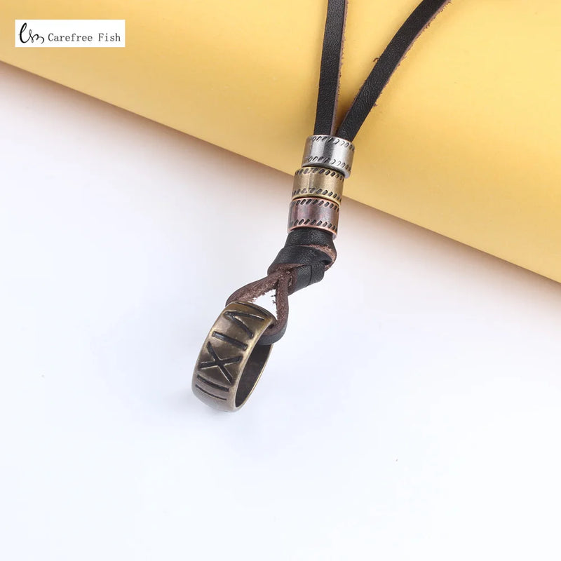 Vintage Steampunk Roman Numeral Lighter Necklace with Genuine Leather Pendant