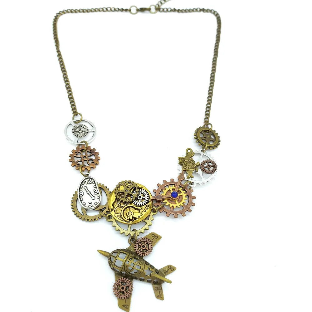 Steampunk gear Necklace airplane pendant front
