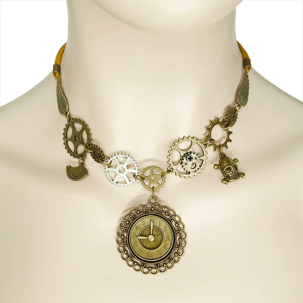 Steampunk Necklace Earring Set Gears and Clock Drops Vintage