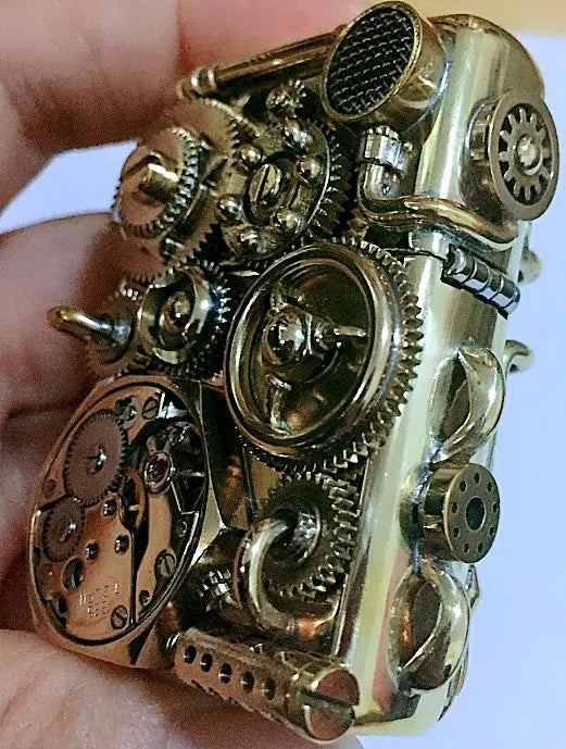 Hand-Welded Steampunk Lighter | Double-Sided Running Gears, Skull & Copper