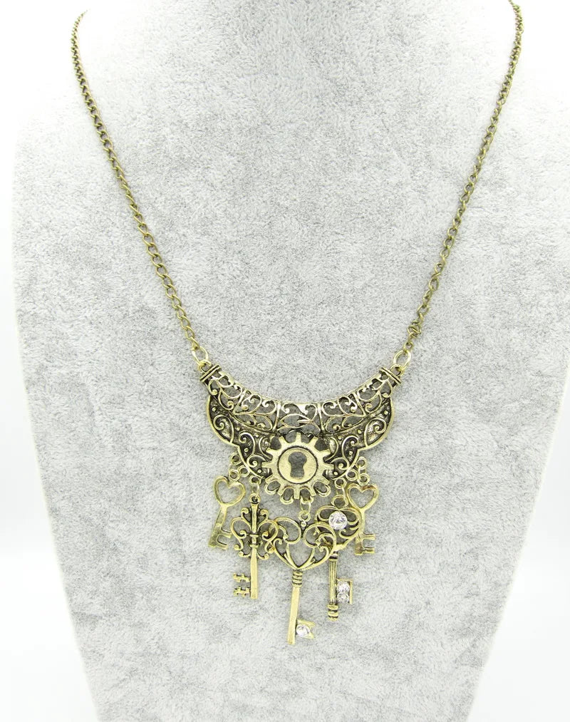 Steampunk Necklace with key pendant front  top view 