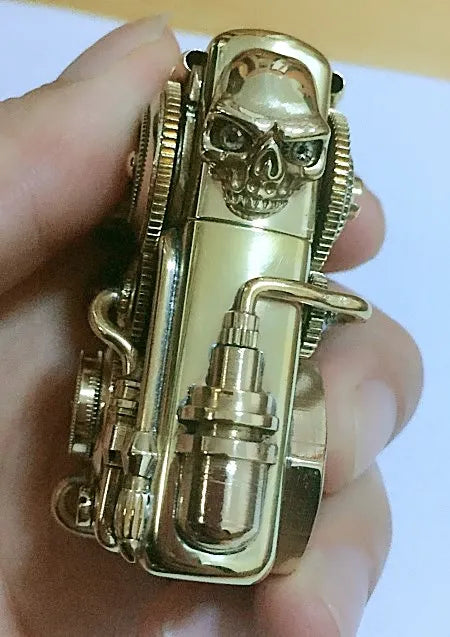 Hand-Welded Steampunk Lighter | Double-Sided Running Gears, Skull & Copper