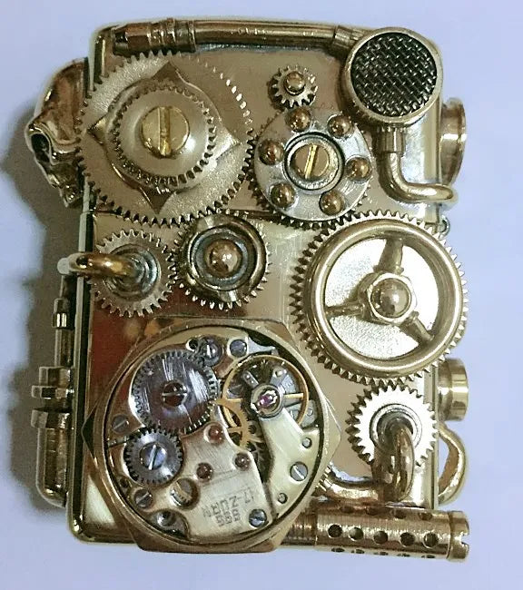 Hand-Welded Steampunk Lighter | Double-Sided Running Gears, Skull & Copper