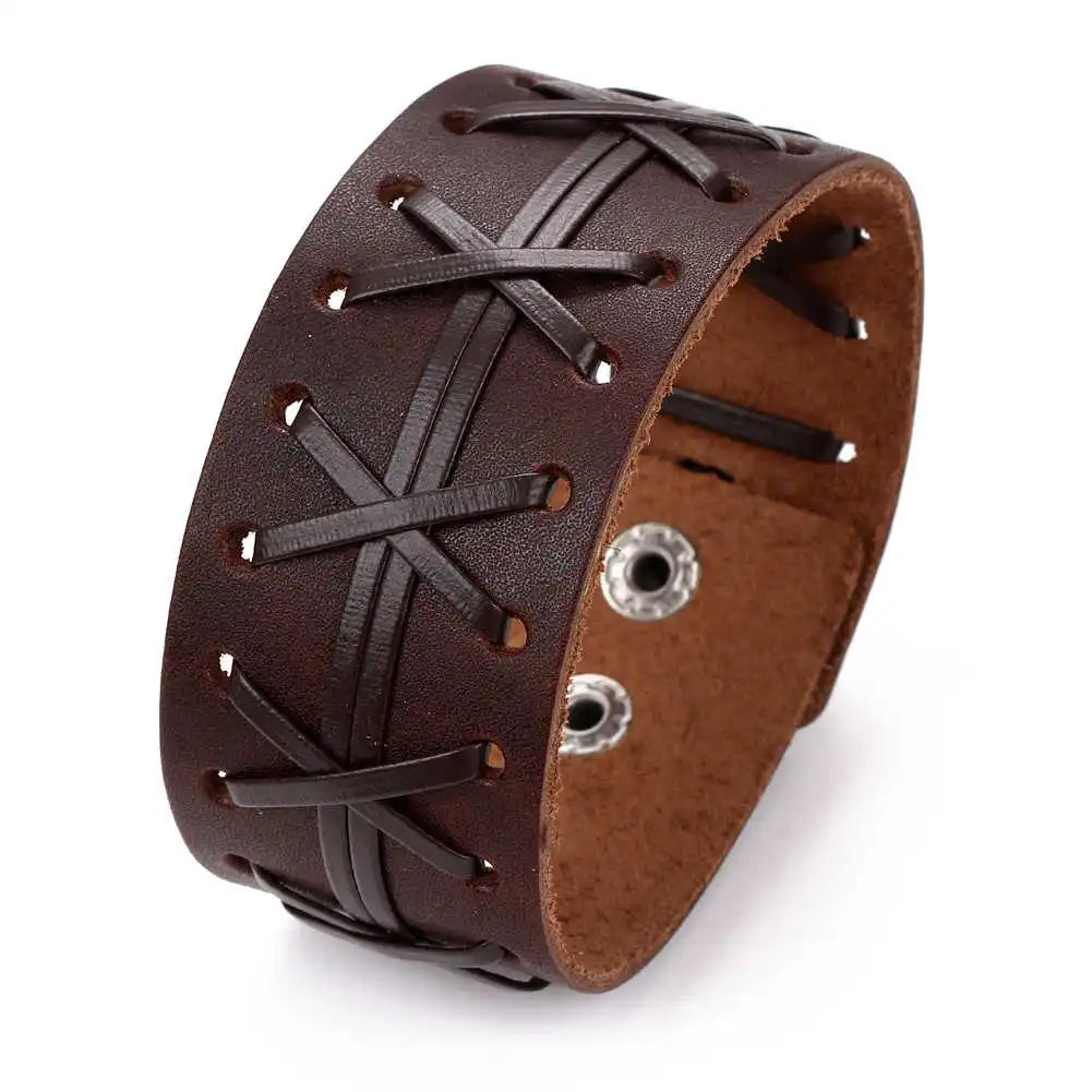 Steampunk Bracelet Vintage Hand Woven X Letter Leather Charm Cuff Wide 