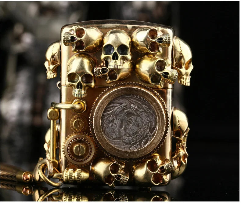 Steampunk ghost brass mechanical gear handmade double-sided  skull oil lighter