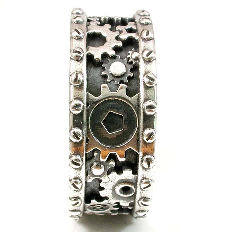 Handmade Steampunk Gears Carved Finger Rings , Antique Silver Color 
