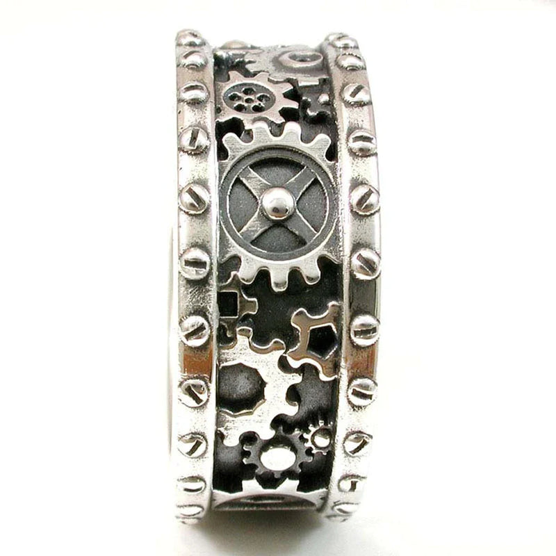 Handmade Steampunk Gears Carved Finger Rings , Antique Silver Color 