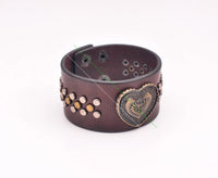 G482 Brown Love Heart Biker Punk Studded Leather Wrap Bracelet Wide Cuff Men's New