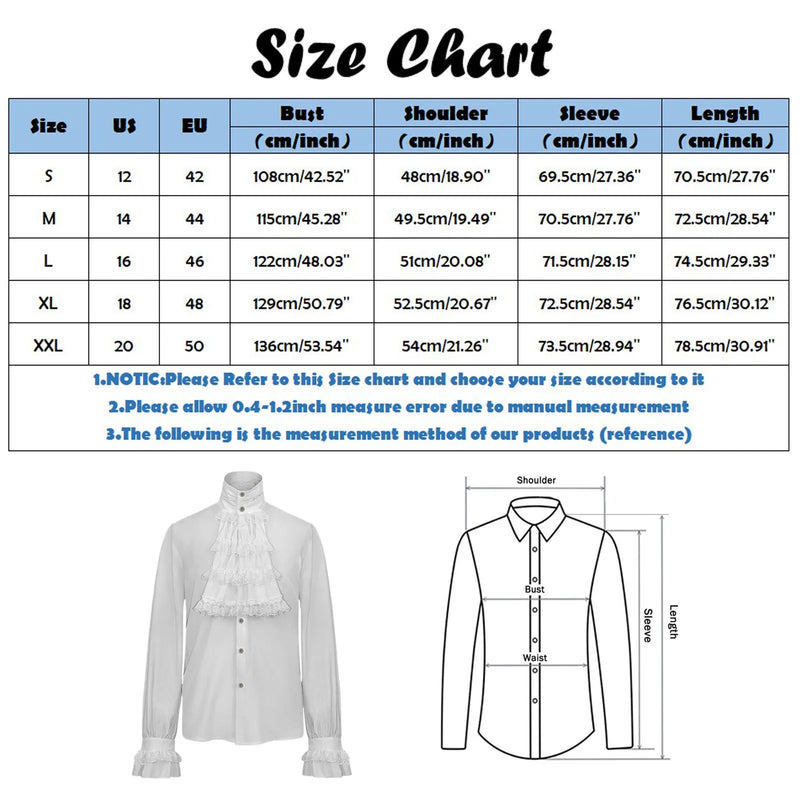 Gothic Vintage Lace Shirt Male Spring Autumn Blouse Soild Long-Sleeved Shirts Stand Collar Fold Shirt Mens' Blouse рубашка