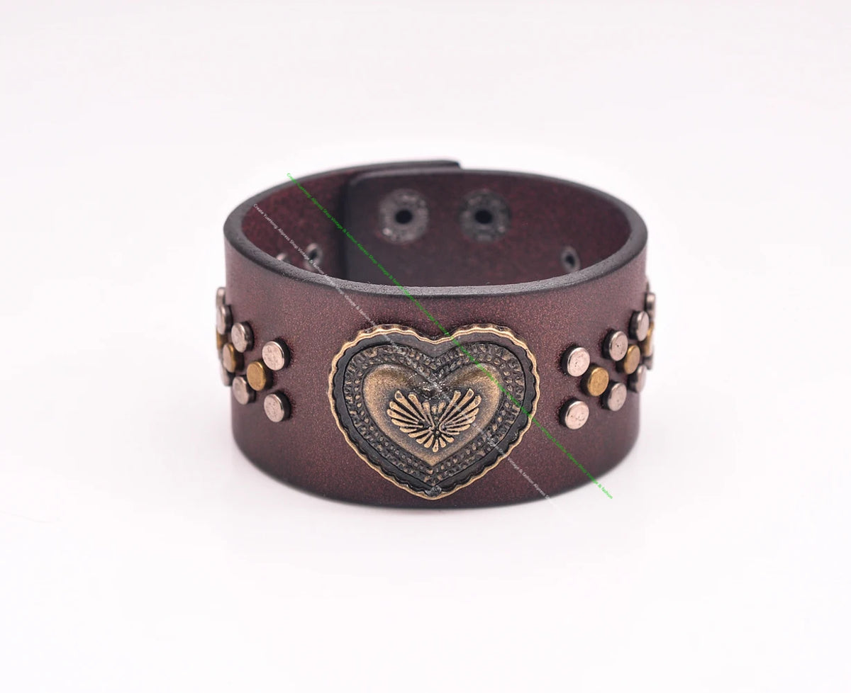 G482 Brown Love Heart Biker Punk Studded Leather Wrap Bracelet Wide Cuff Men's New