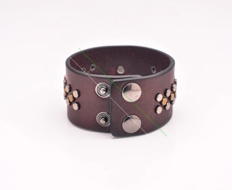 G482 Brown Love Heart Biker Punk Studded Leather Wrap Bracelet Wide Cuff Men's New