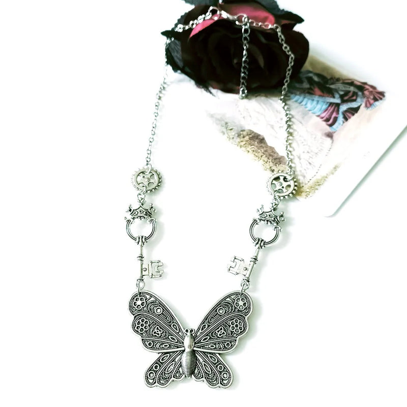 Heart Butterfly Steampunk Pendant Necklace 50cm
