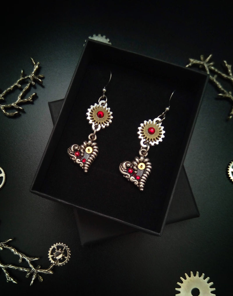 Steampunk earrings tiny silver hearts. Handmade Steampunk Jewelry