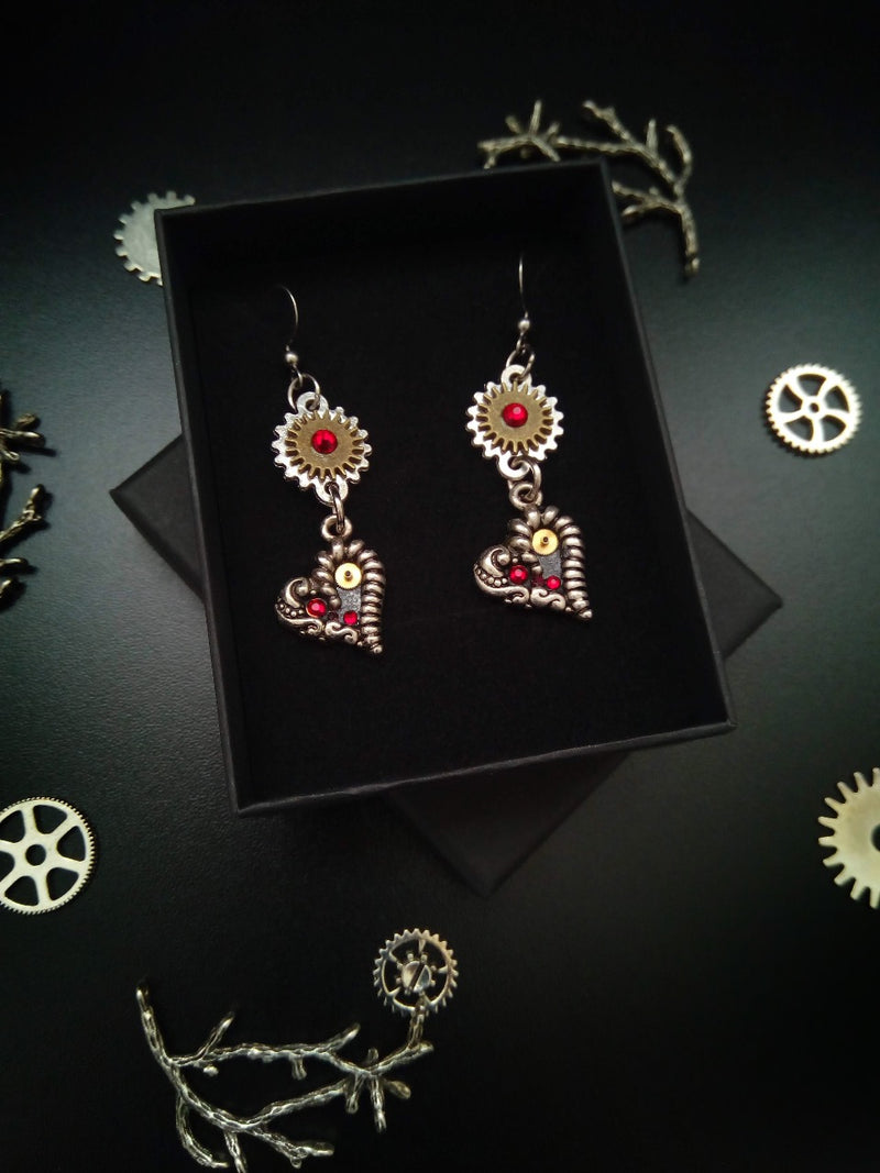 Steampunk earrings tiny silver hearts. Handmade Steampunk Jewelry