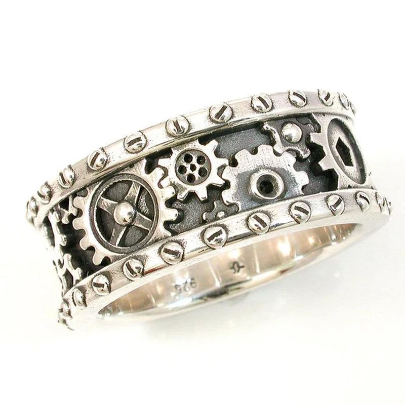 Handmade Steampunk Gears Carved Finger Rings , Antique Silver Color 