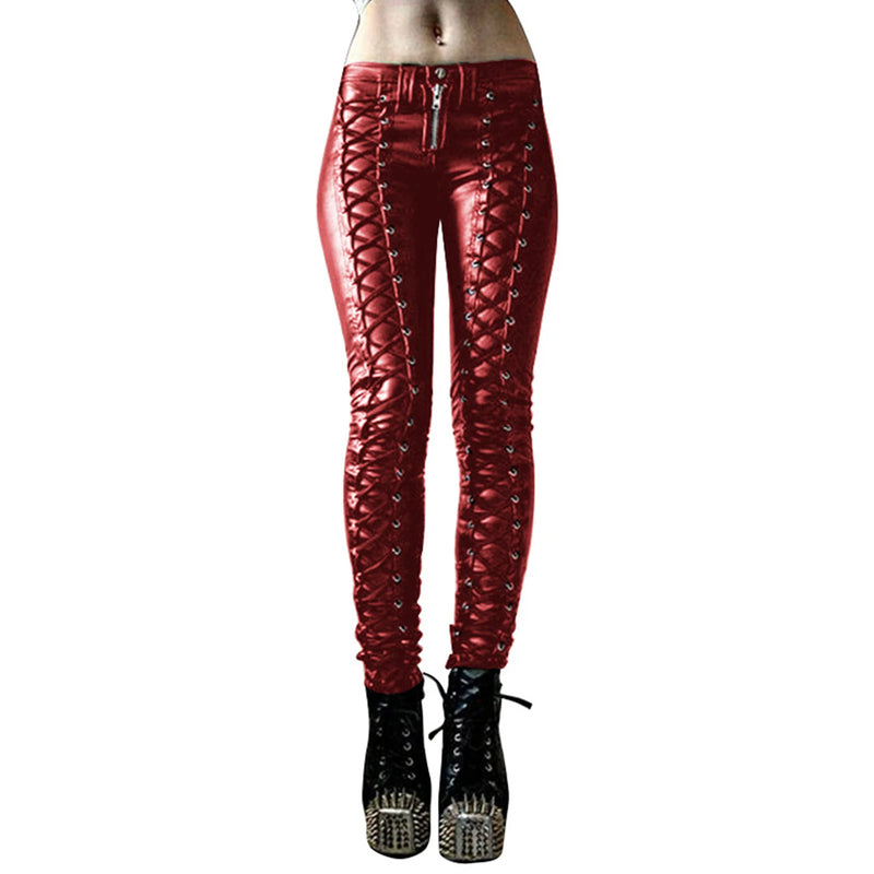 Steampunk Women Pants Faux Leather  Skinny Button Trousers Leggings High Waist 