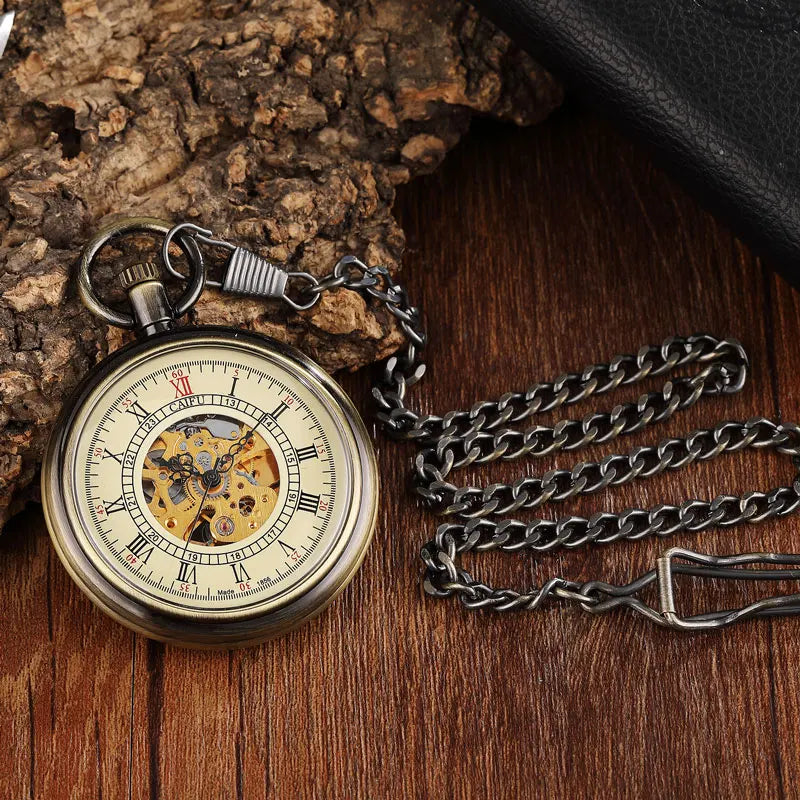Unique Vintage Mechanical Pocket Watch Men Bronze Roman Number Dial Steampunk FOB Chain Hollow Skeleton Steampunk Clock Watches