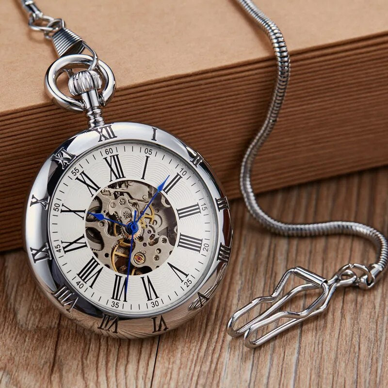 Steampunk Unique Luxury Copper Silver Automatic Mechanical Pocket Watch Clock Fob Chain Watch Men Roman Numbers Clock High Quality Pocket Watches