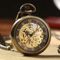 Unique Vintage Mechanical Pocket Watch Men Bronze Roman Number Dial Steampunk FOB Chain Hollow Skeleton Steampunk Clock Watches