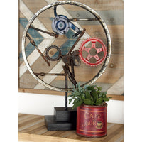 Steampunk Wheel Sculpture Rustic Grey Metal   W/ Base