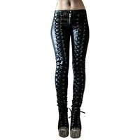 Steampunk Women Pants Faux Leather  Skinny Button Trousers Leggings High Waist 