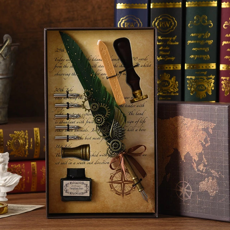 Steampunk Creative Feather Pen Set with 5 Nibs Ink Bottle Stamp 