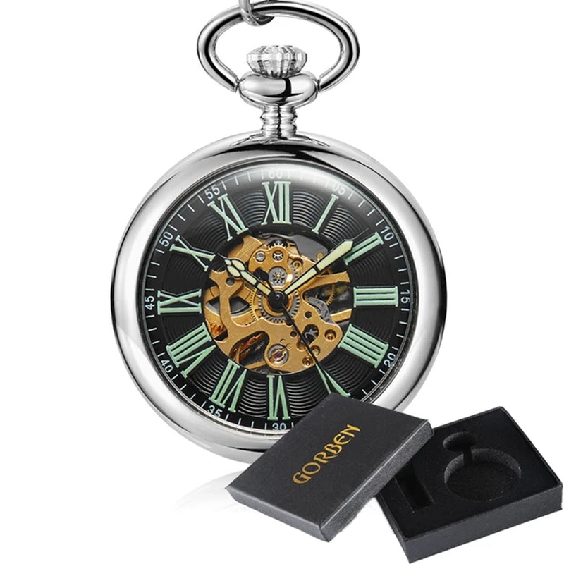 Unique Vintage Mechanical Pocket Watch Men Bronze Roman Number Dial Steampunk FOB Chain Hollow Skeleton Steampunk Clock Watches