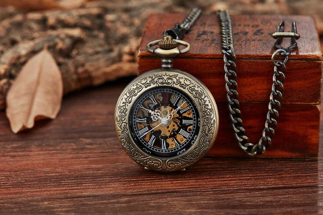 Steampunk Unique Vintage Wood Circel Gear Dial Bronze Antique Old Mechanical Pocket Watch 