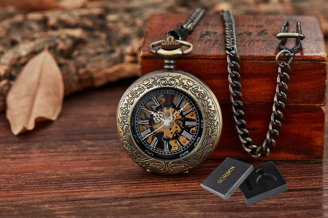 Steampunk Unique Vintage Wood Circel Gear Dial Bronze Antique Old Mechanical Pocket Watch 