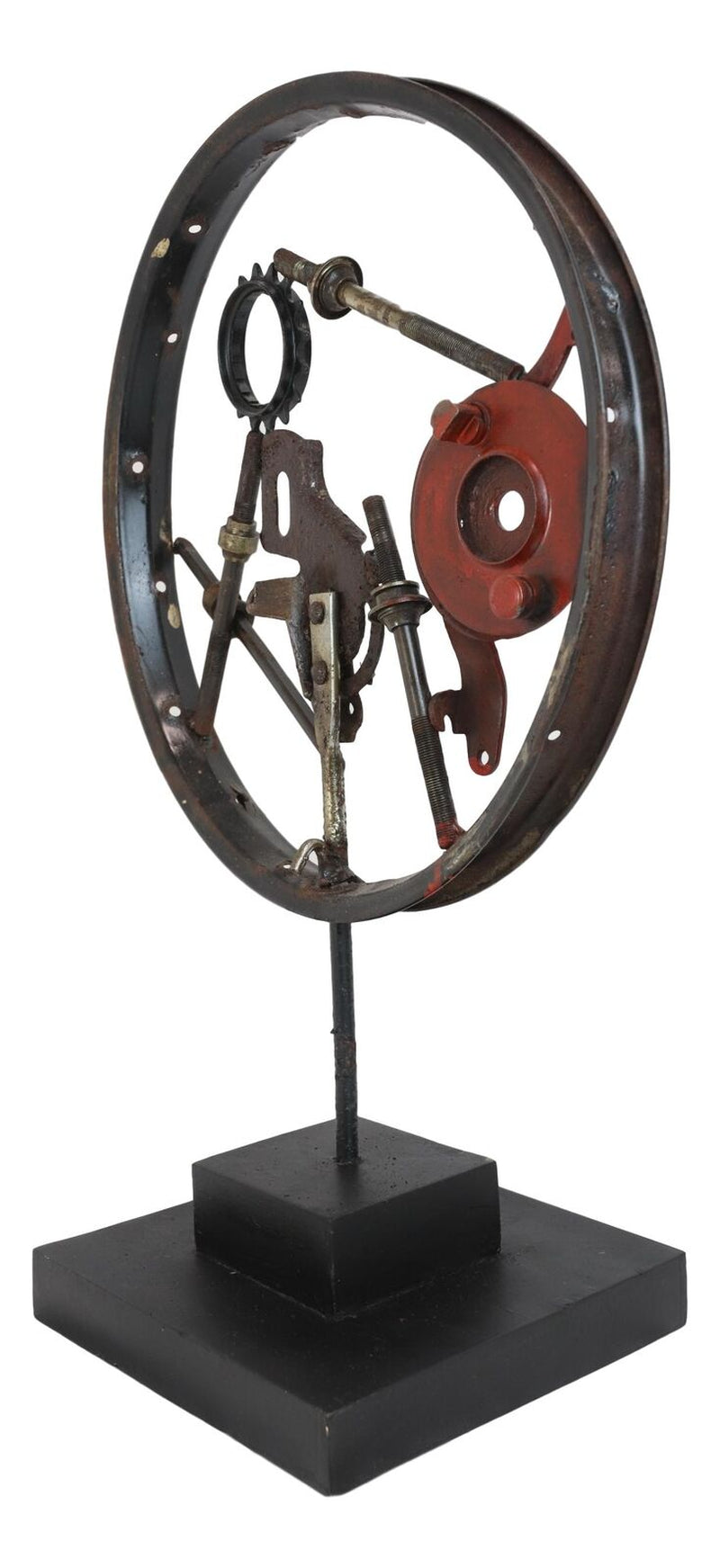 Steampunk Wheel Sculpture Rustic Grey Metal   W/ Base