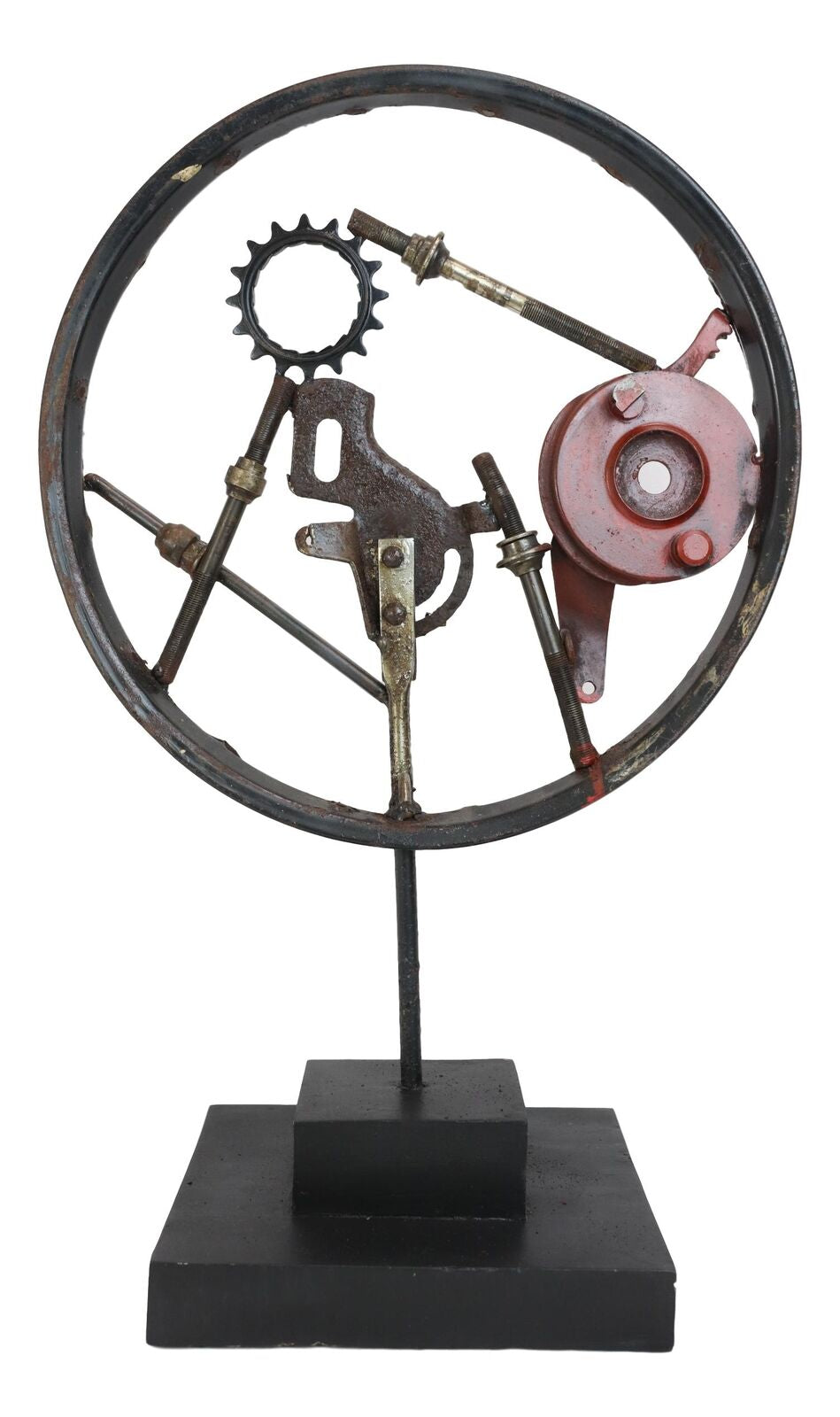 Steampunk Wheel Sculpture Rustic Grey Metal   W/ Base