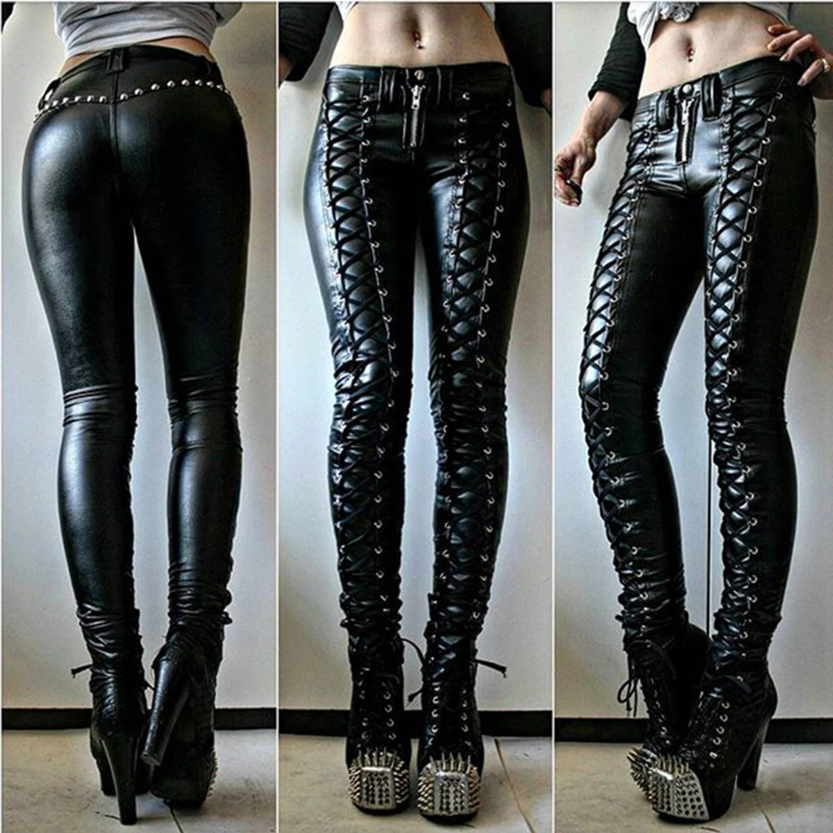 Steampunk Women Pants Faux Leather  Skinny Button Trousers Leggings High Waist 