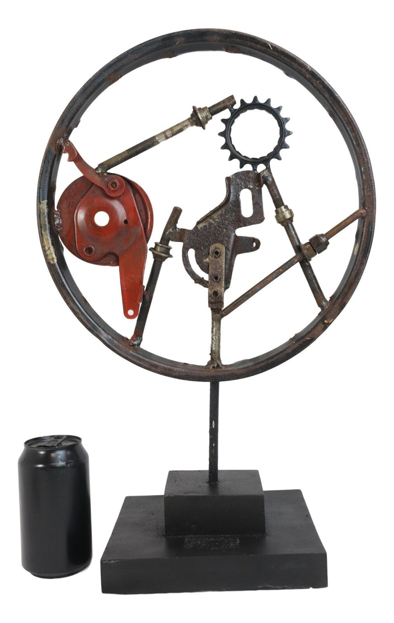 Steampunk Wheel Sculpture Rustic Grey Metal   W/ Base