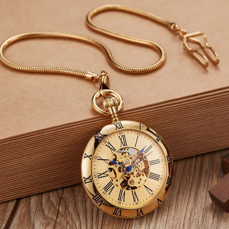 Steampunk Unique Luxury Copper Silver Automatic Mechanical Pocket Watch Clock Fob Chain Watch Men Roman Numbers Clock High Quality Pocket Watches