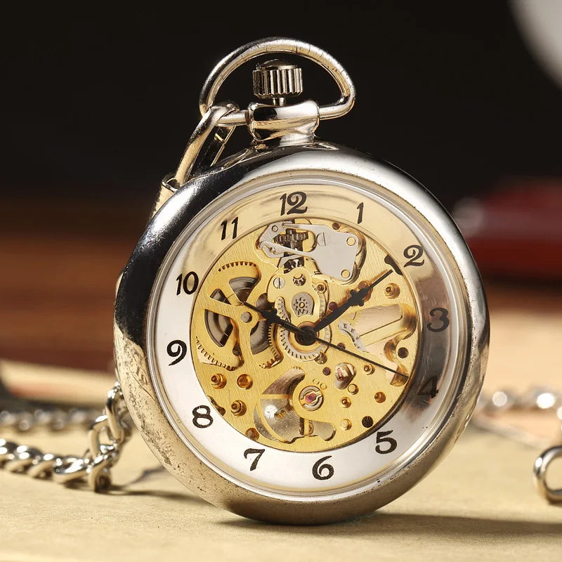 Unique Vintage Mechanical Pocket Watch Men Bronze Roman Number Dial Steampunk FOB Chain Hollow Skeleton Steampunk Clock Watches