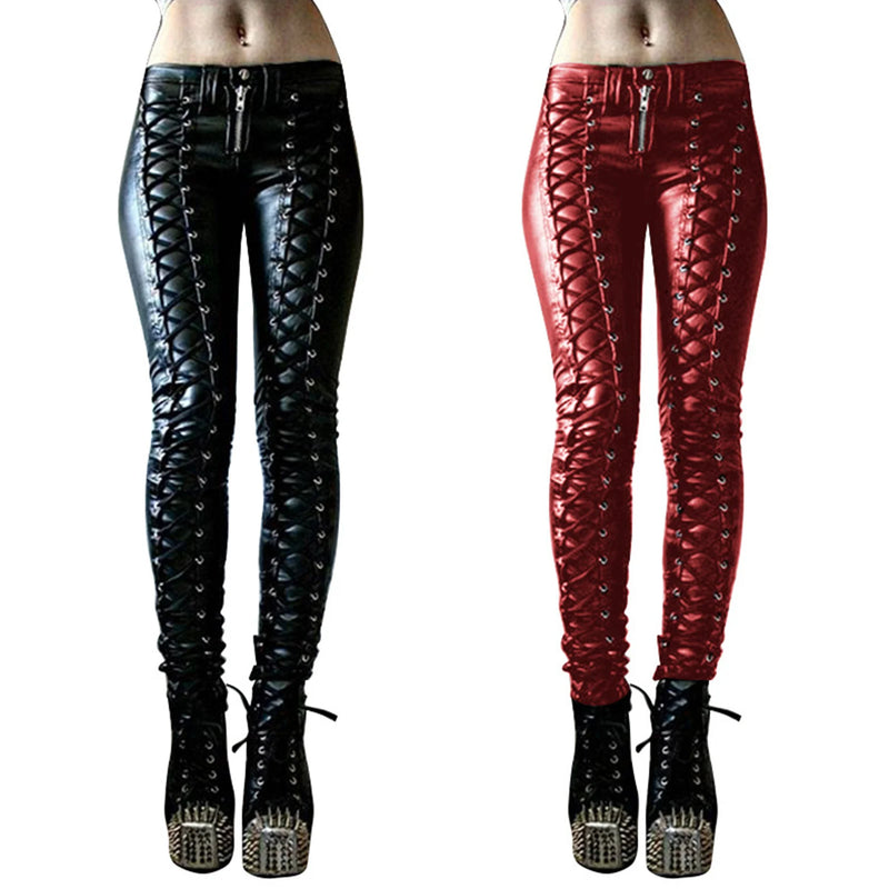 Steampunk Women Pants Faux Leather  Skinny Button Trousers Leggings High Waist 