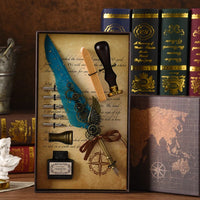 Steampunk Creative Feather Pen Set with 5 Nibs Ink Bottle Stamp 